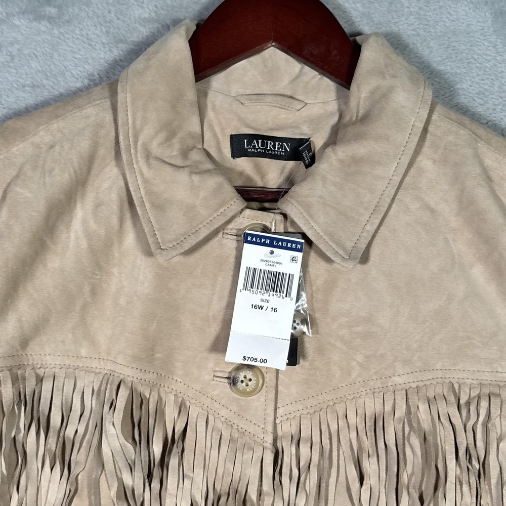 Lauren Ralph Lauren Jacket Womens 16W Beige Suede Fringe Western Collared - Picture 2 of 9